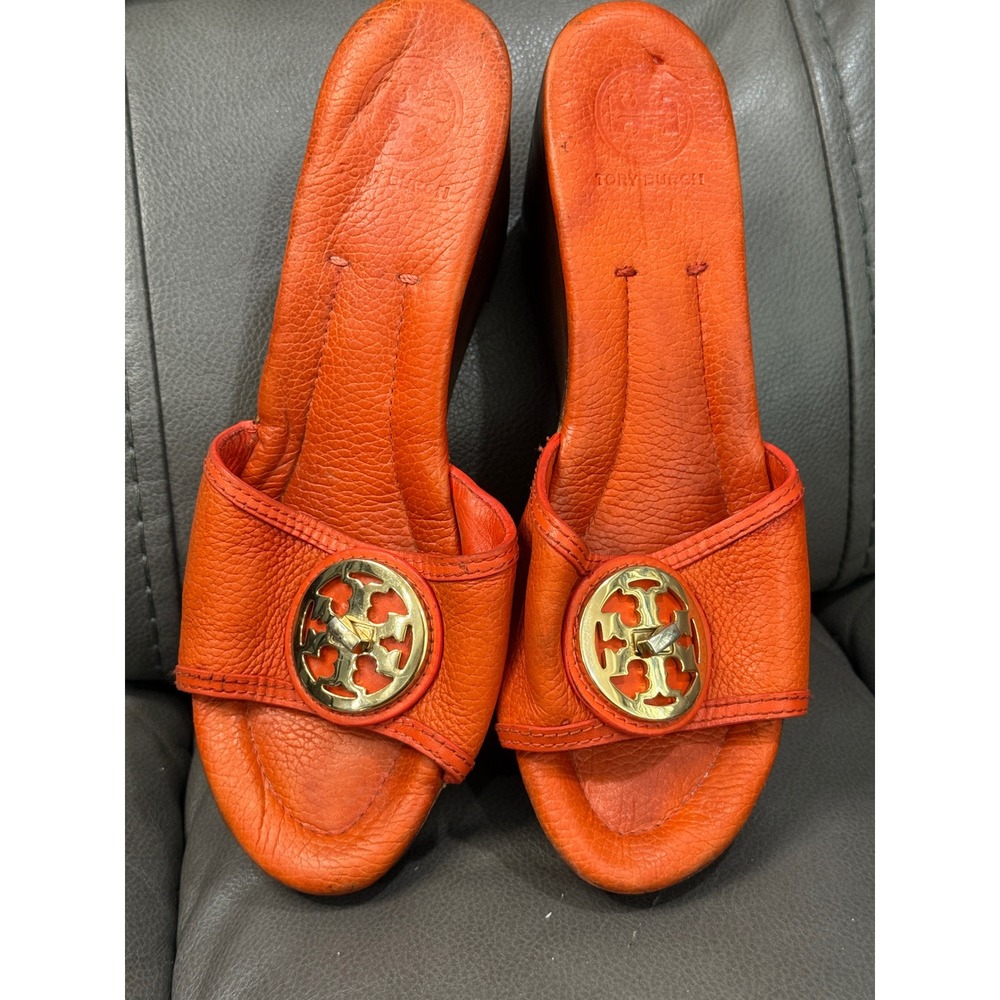 Tory Burch Orange Pebbled Leather Wood Platform Wedge Reva LogoSandals Size 8.5M